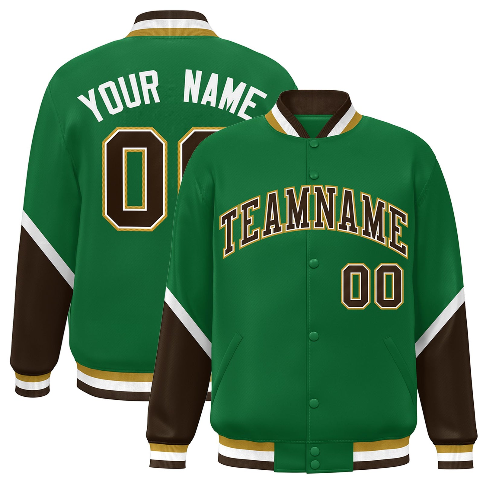 Custom Kelly Green Brown-White Varsity Full-Snap Color Block Letterman Jacket