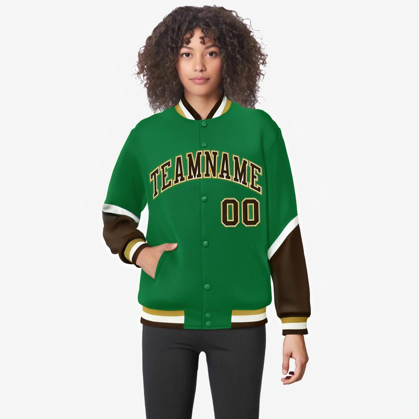 Custom Kelly Green Brown-White Varsity Full-Snap Color Block Letterman Jacket