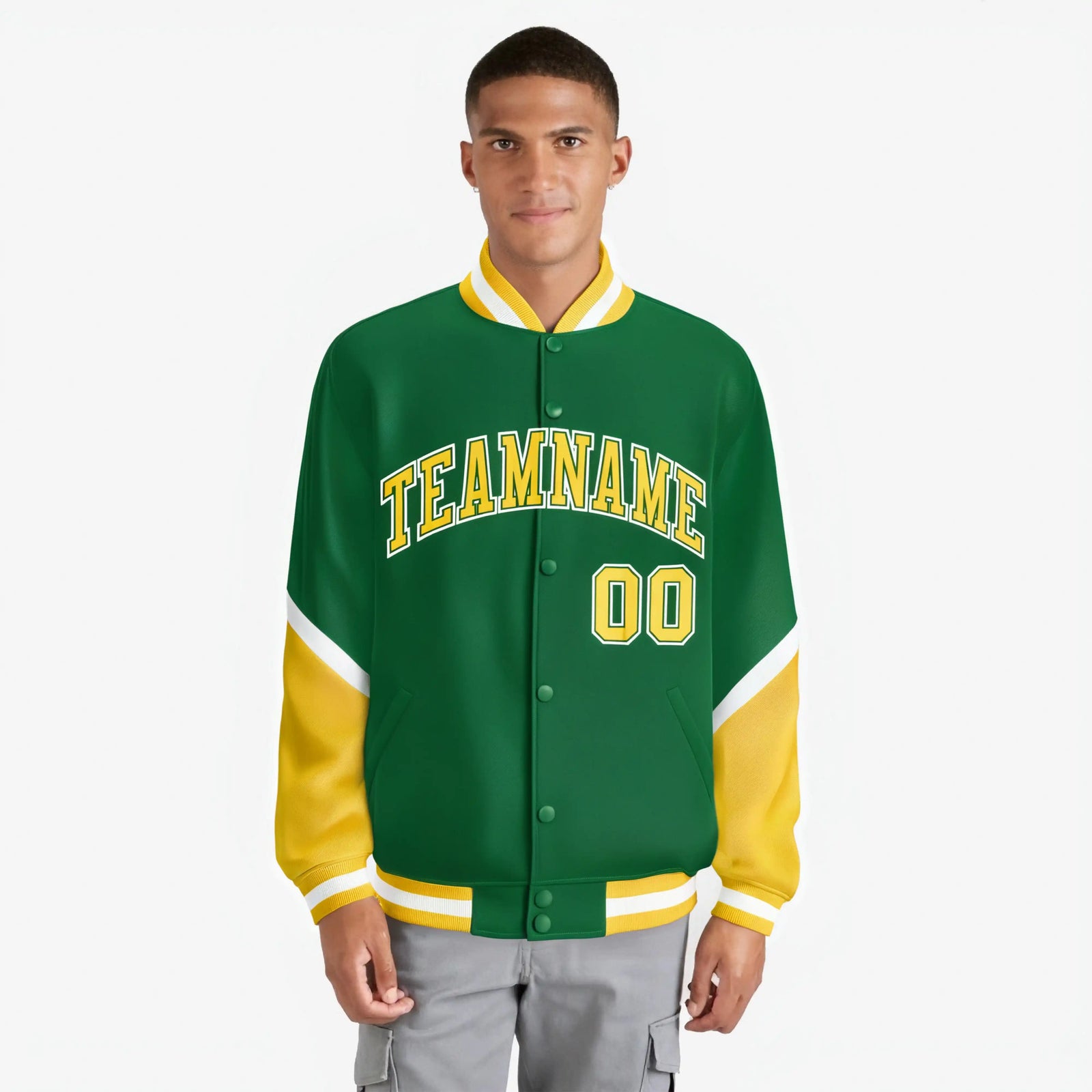 Custom Kelly Green Gold-White Varsity Full-Snap Color Block Letterman Jacket