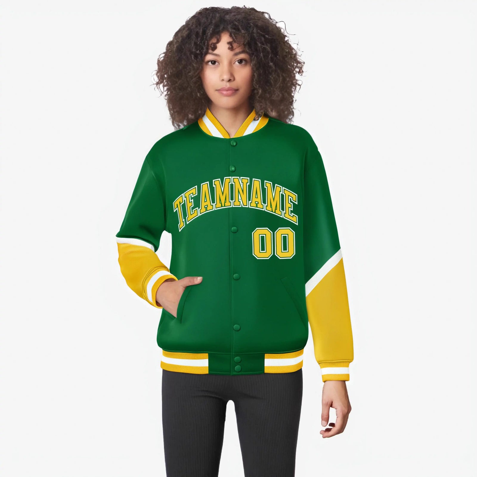 Custom Kelly Green Gold-White Varsity Full-Snap Color Block Letterman Jacket