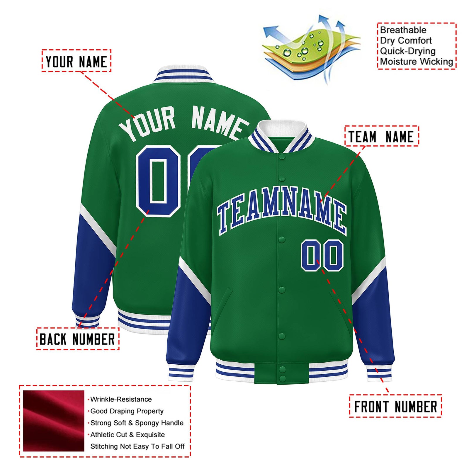 Custom Kelly Green Royal Blue-White Varsity Full-Snap Color Block Letterman Jacket
