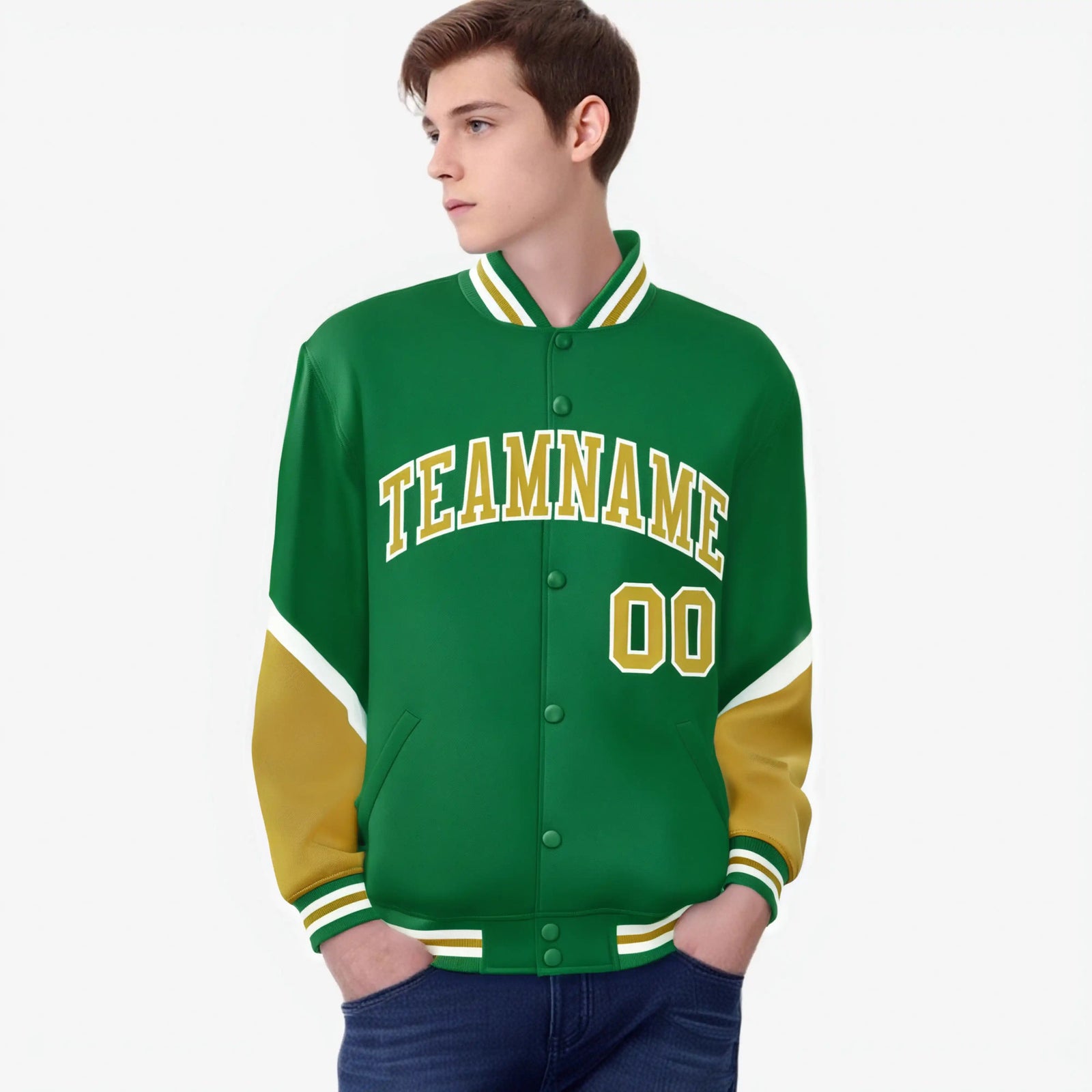 Custom Kelly Green Old Gold-White Varsity Full-Snap Color Block Letterman Jacket