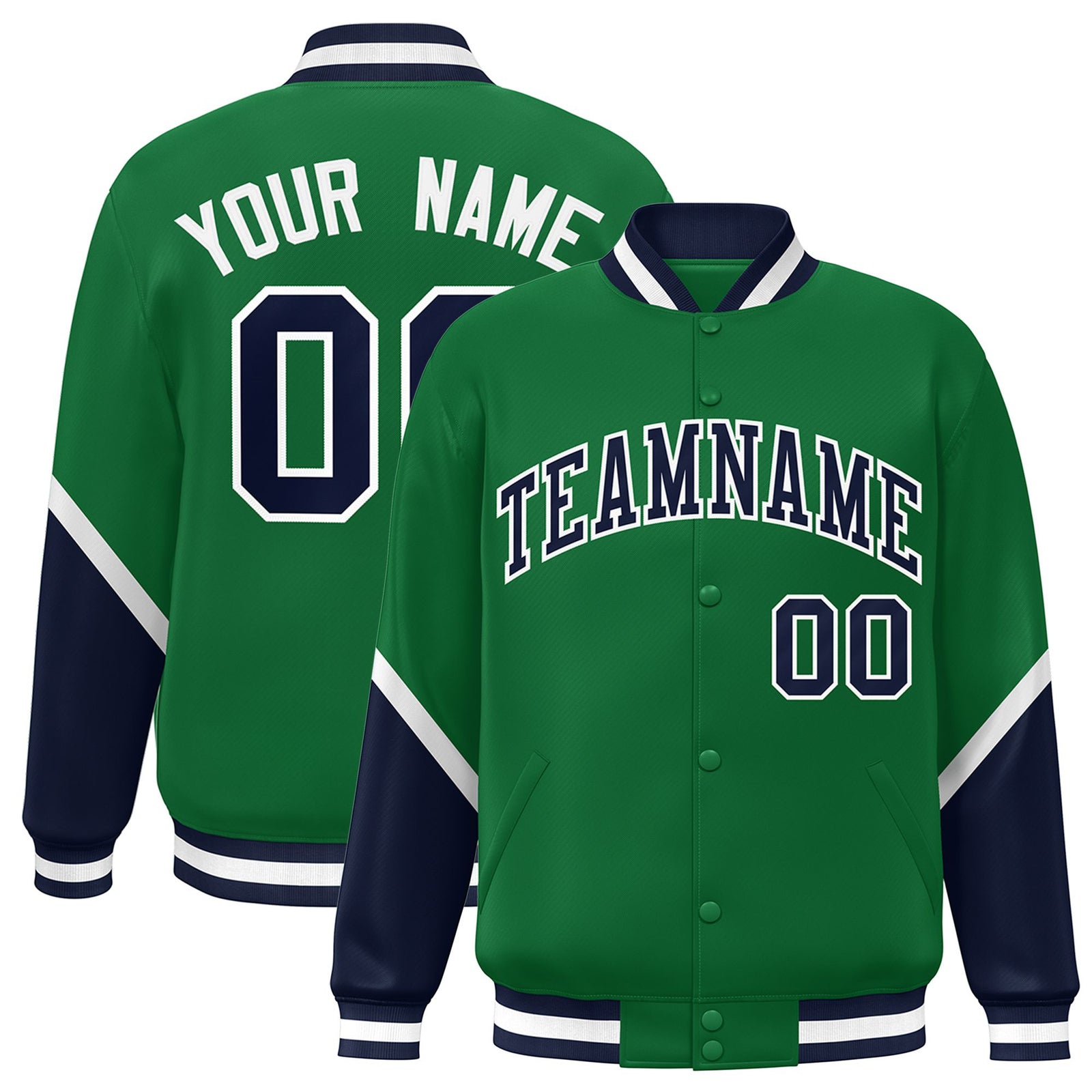 Custom Kelly Green Navy-White Varsity Full-Snap Color Block Letterman Jacket