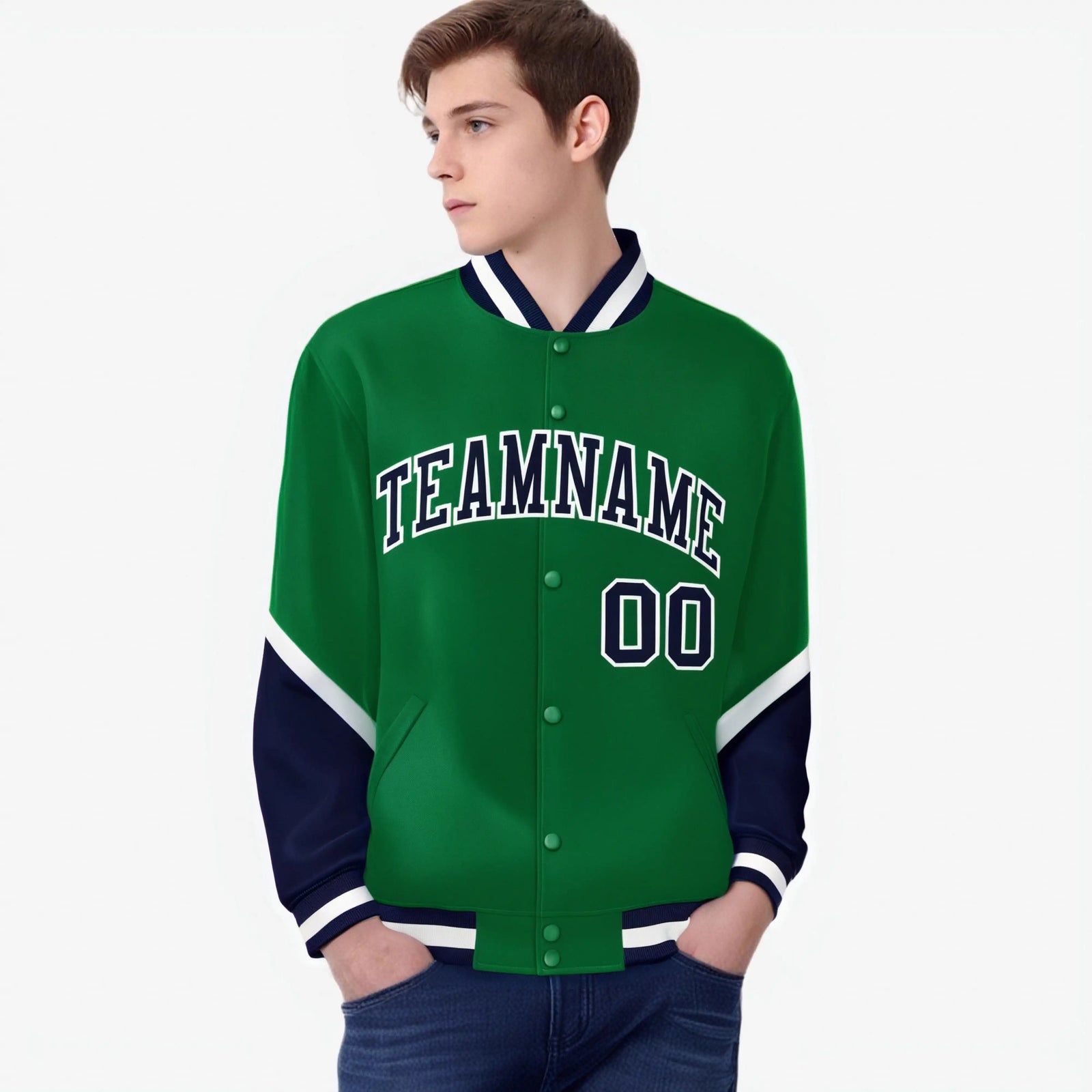 Custom Kelly Green Navy-White Varsity Full-Snap Color Block Letterman Jacket