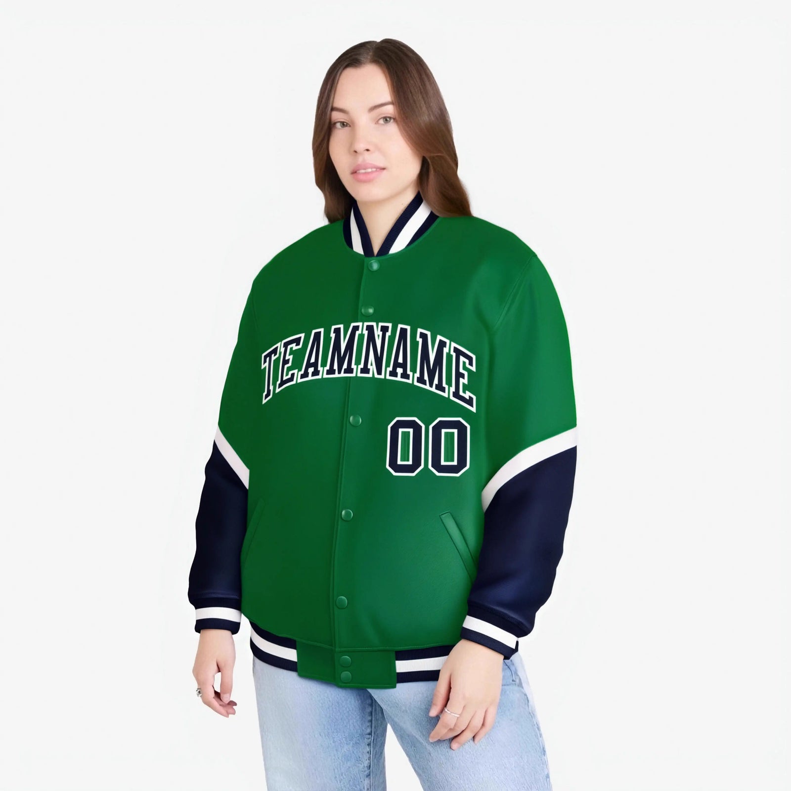 Custom Kelly Green Navy-White Varsity Full-Snap Color Block Letterman Jacket