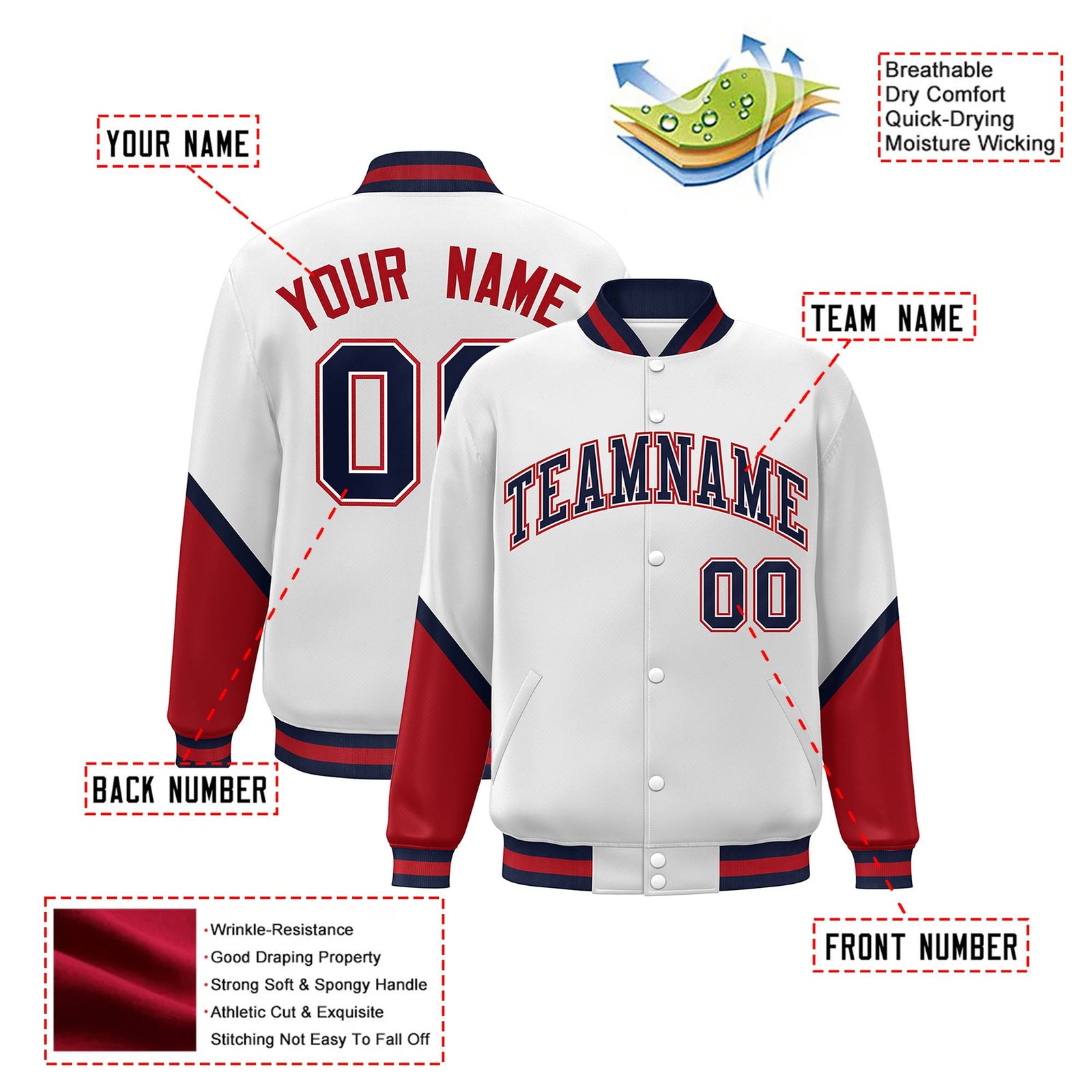 Custom White Red-Navy Varsity Full-Snap Color Block Letterman Jacket