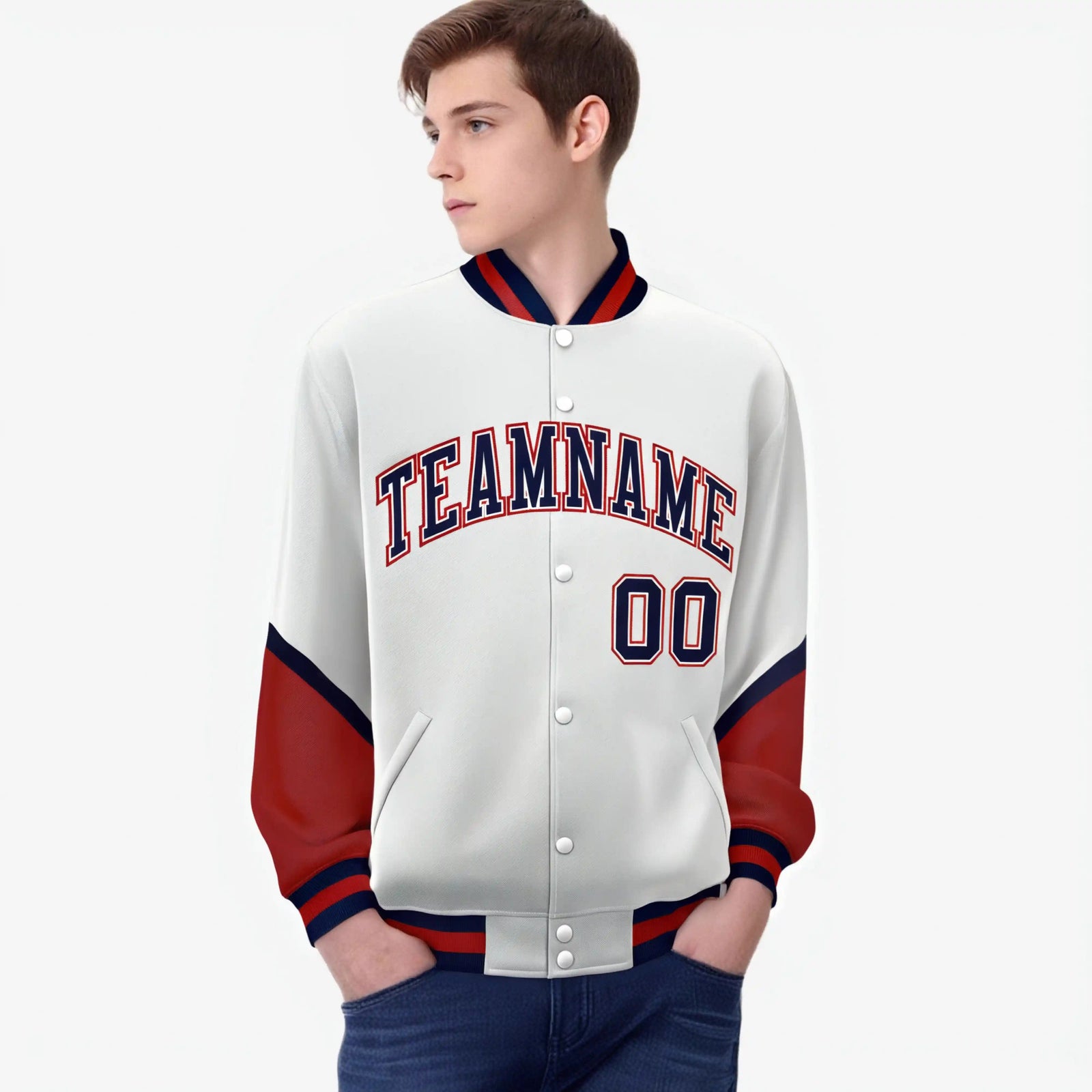 Custom White Red-Navy Varsity Full-Snap Color Block Letterman Jacket