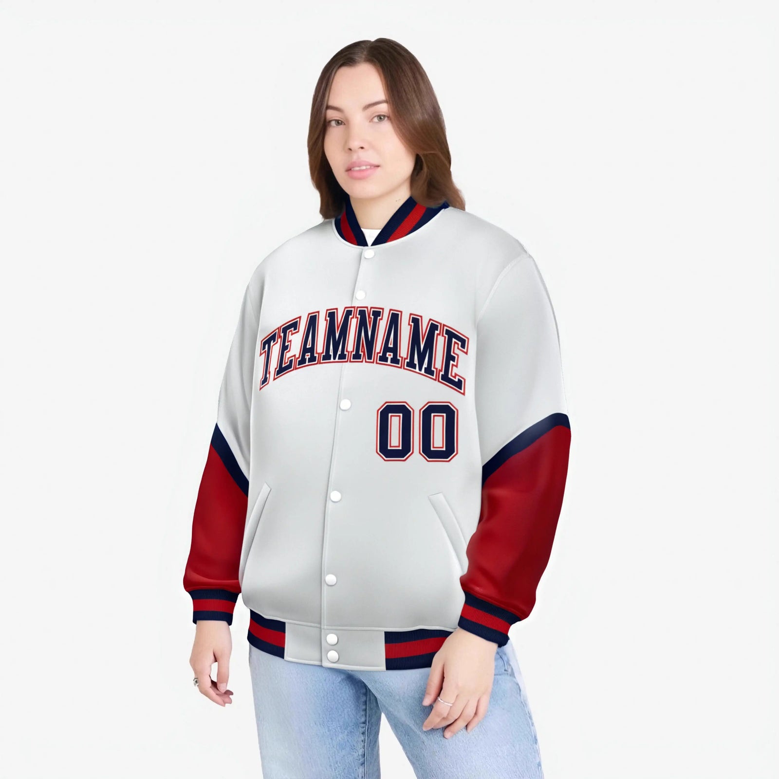 Custom White Red-Navy Varsity Full-Snap Color Block Letterman Jacket