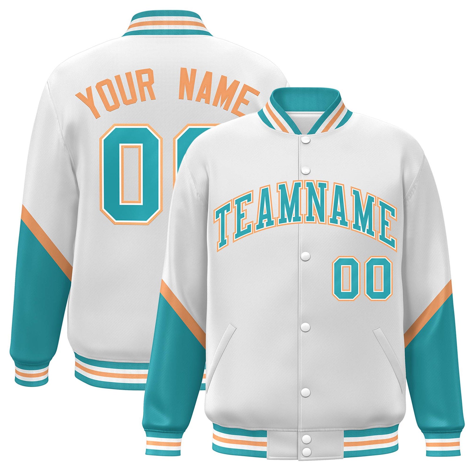 Custom White Aqua-Gold Varsity Full-Snap Color Block Letterman Jacket