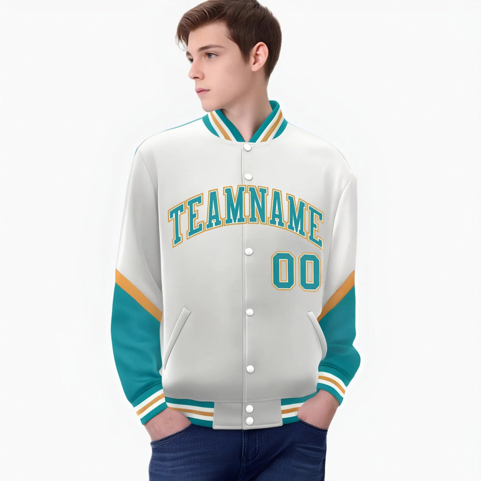 Custom White Aqua-Gold Varsity Full-Snap Color Block Letterman Jacket