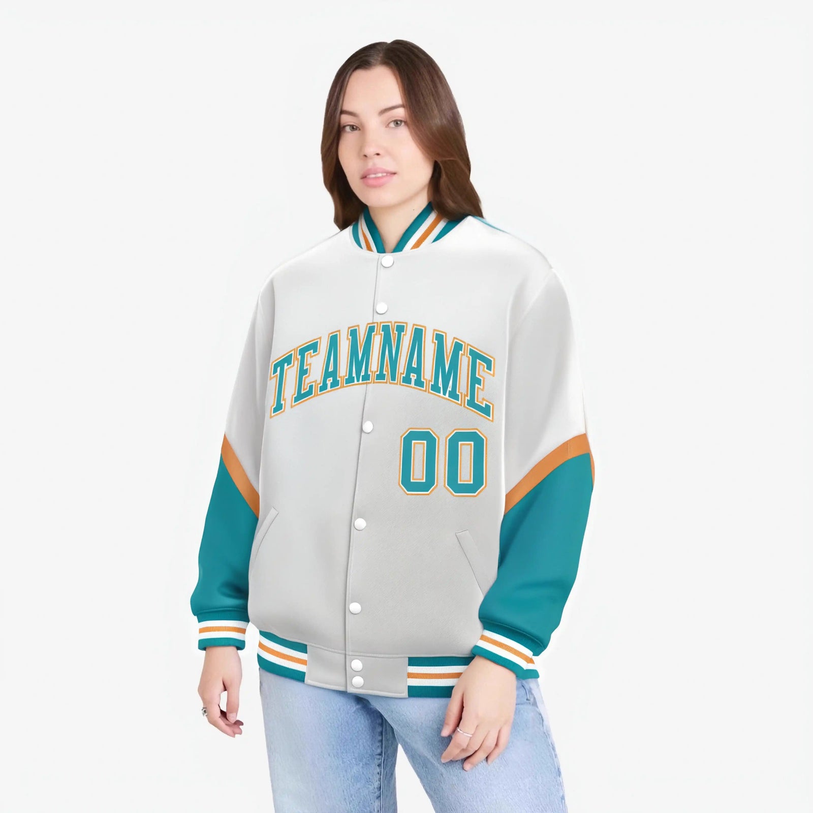 Custom White Aqua-Gold Varsity Full-Snap Color Block Letterman Jacket