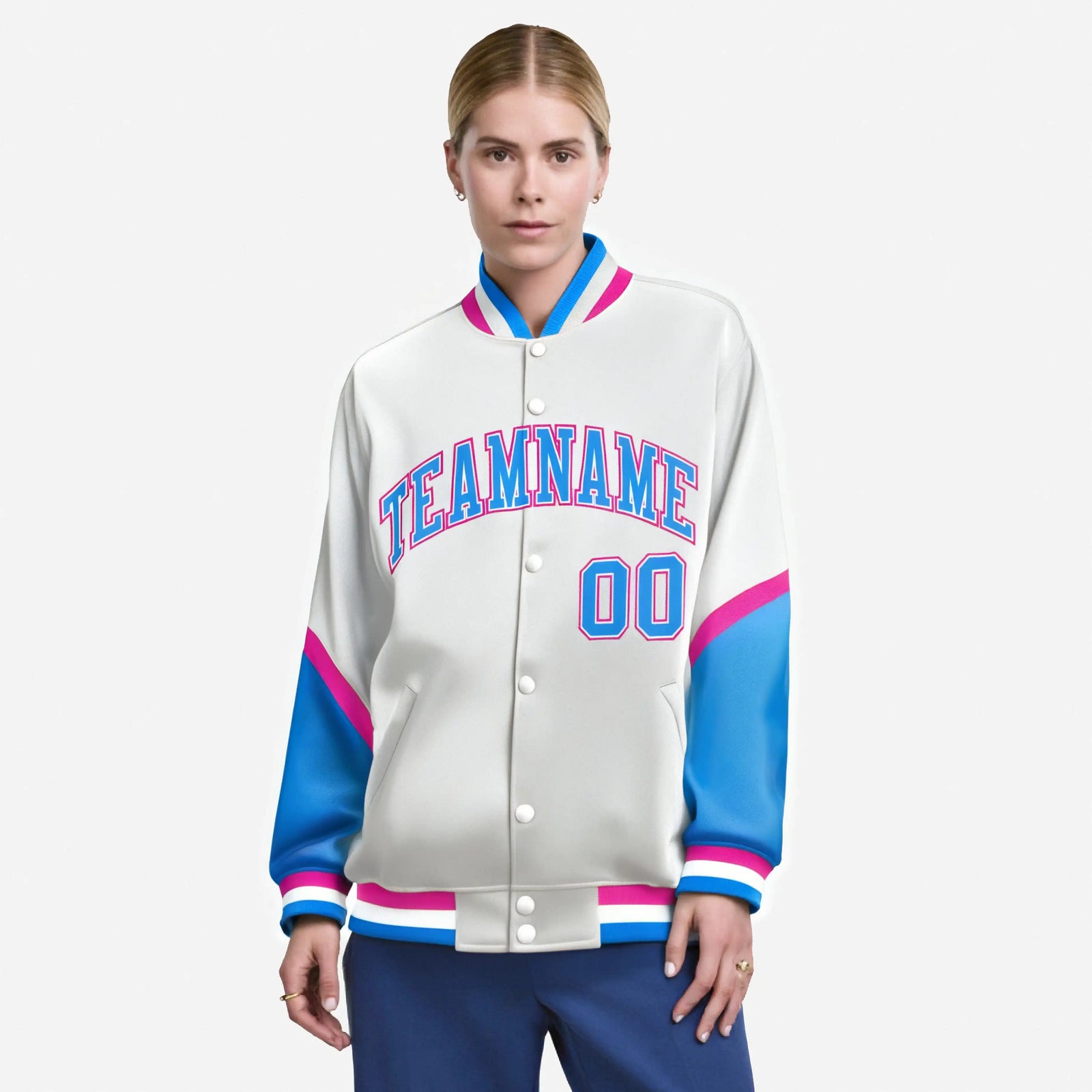 Custom White Powder Blue-Pink Varsity Full-Snap Color Block Letterman Jacket