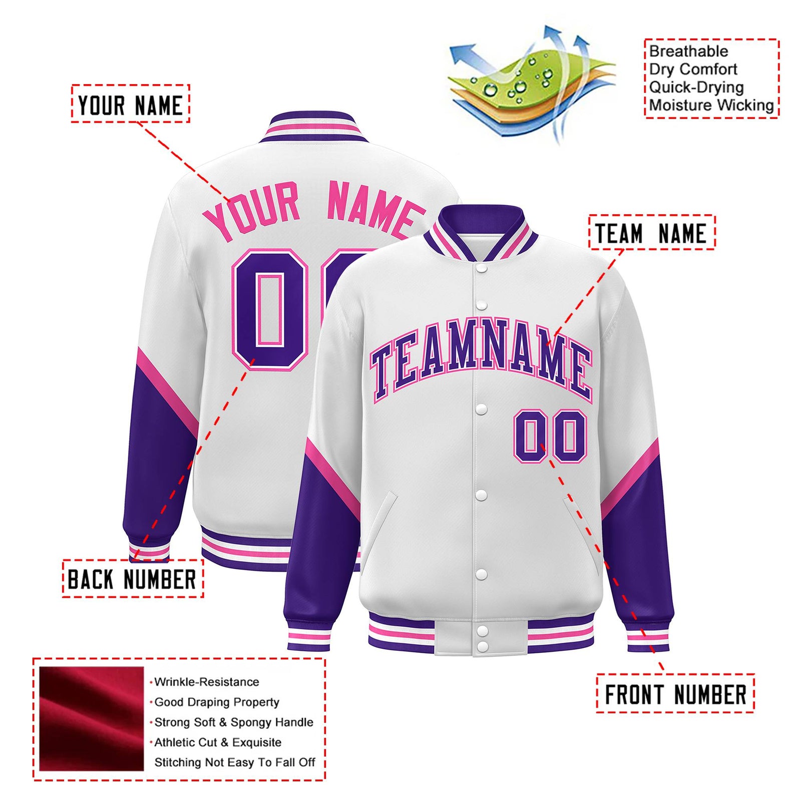 Custom White Purple-Pink Varsity Full-Snap Color Block Letterman Jacket