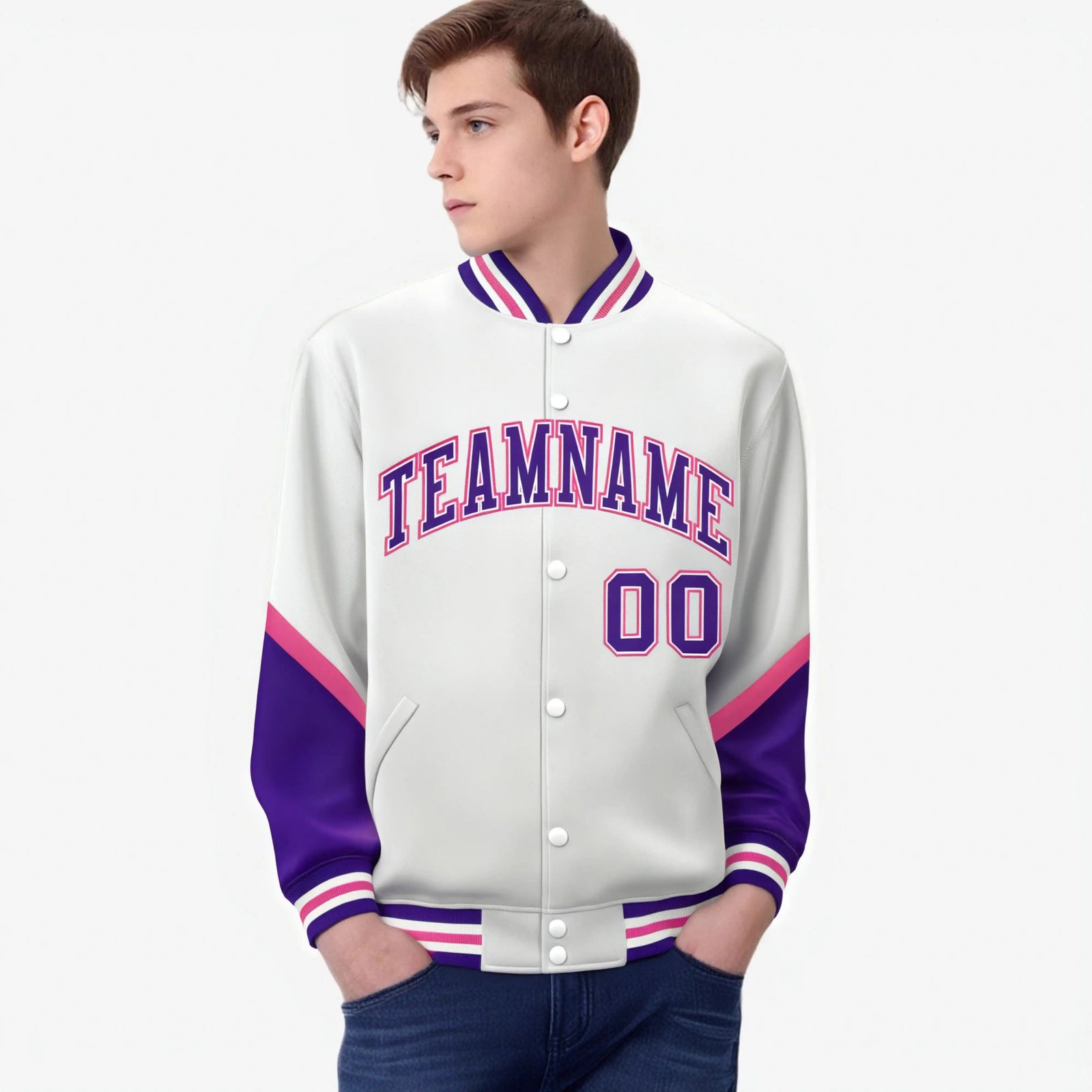 Custom White Purple-Pink Varsity Full-Snap Color Block Letterman Jacket
