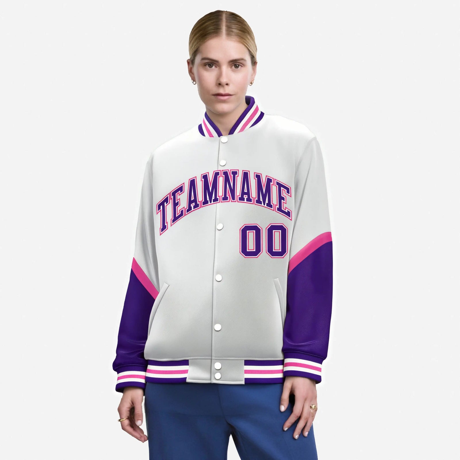 Custom White Purple-Pink Varsity Full-Snap Color Block Letterman Jacket