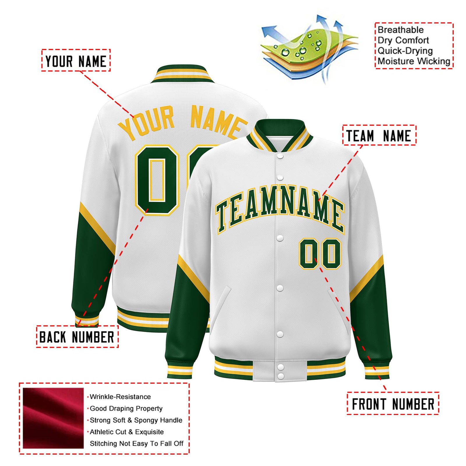 Custom White Orange-Gold Varsity Full-Snap Color Block Letterman Jacket
