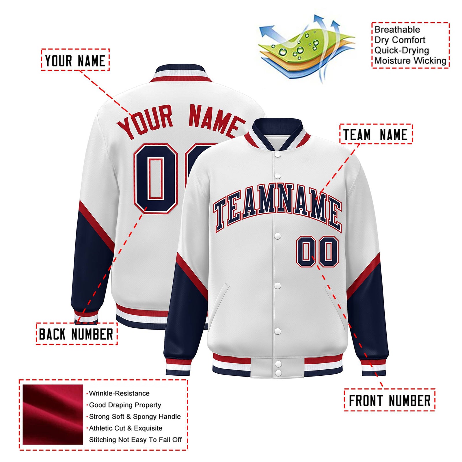 Custom White Navy-Red Varsity Full-Snap Color Block Letterman Jacket