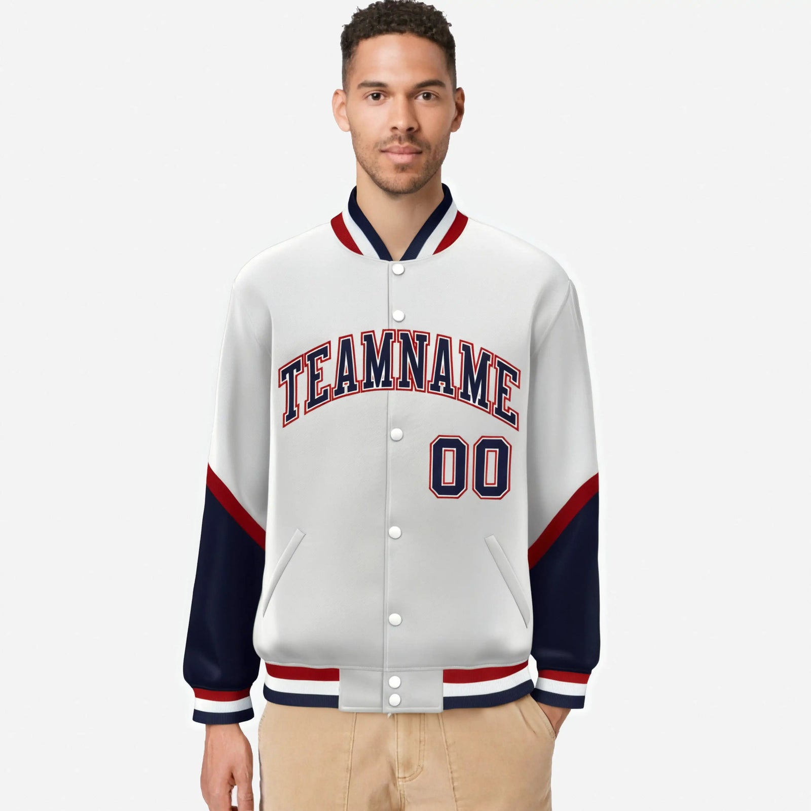 Custom White Navy-Red Varsity Full-Snap Color Block Letterman Jacket