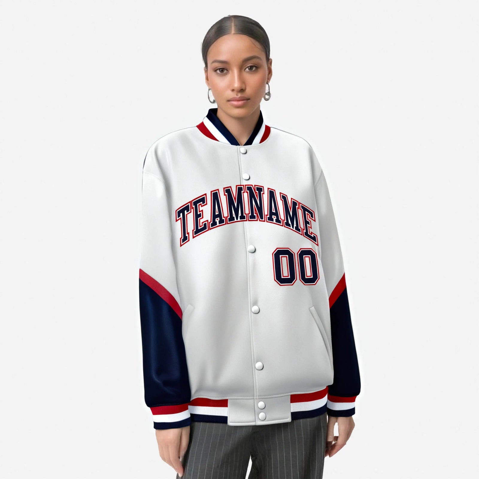 Custom White Navy-Red Varsity Full-Snap Color Block Letterman Jacket