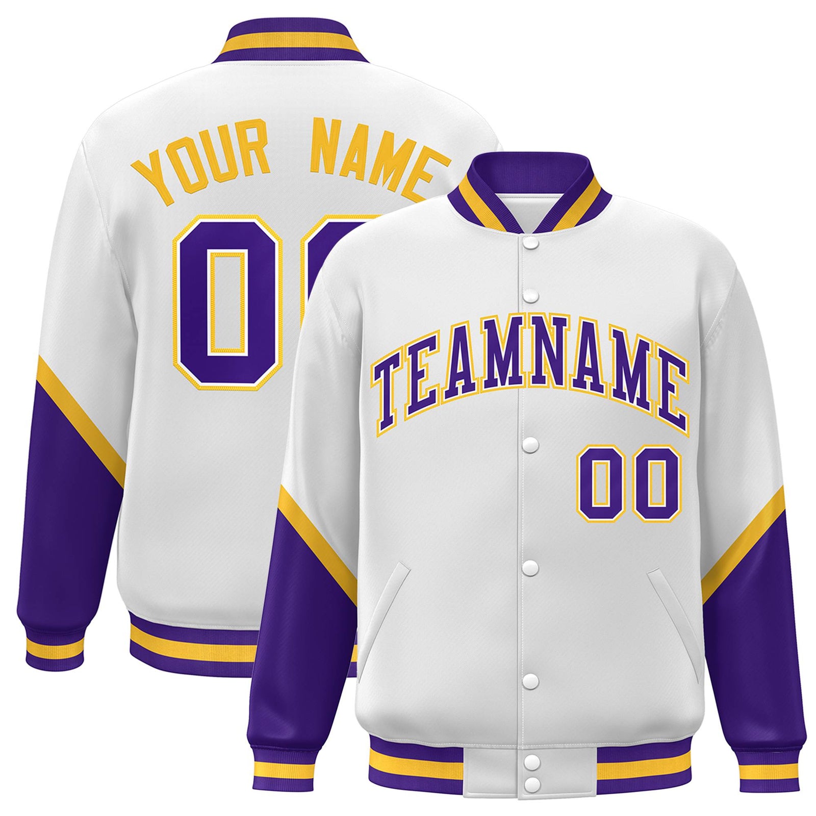 Custom White Purple-Gold Varsity Full-Snap Color Block Letterman Jacket