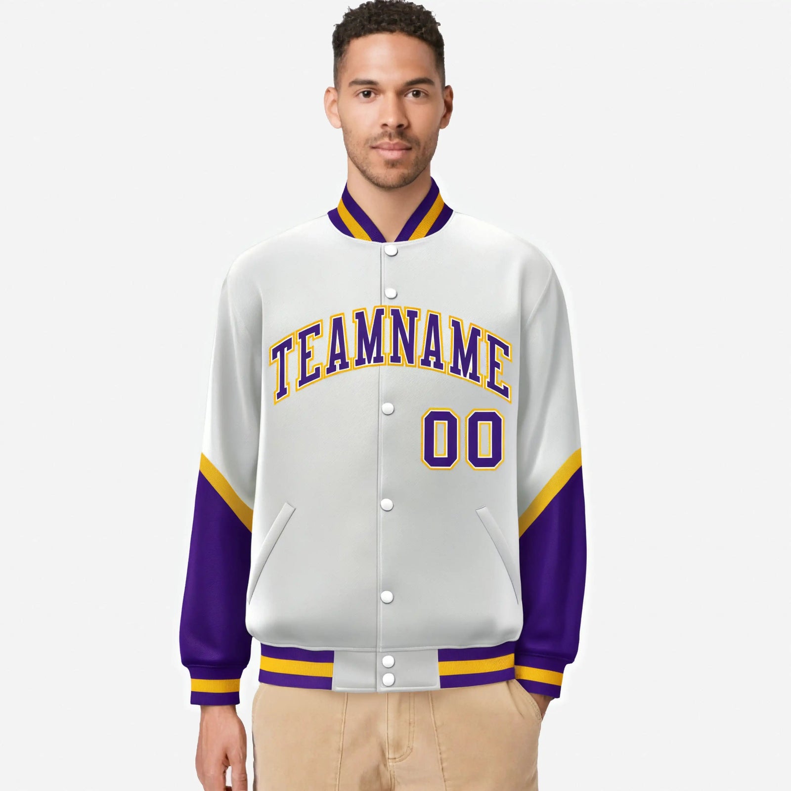 Custom White Purple-Gold Varsity Full-Snap Color Block Letterman Jacket