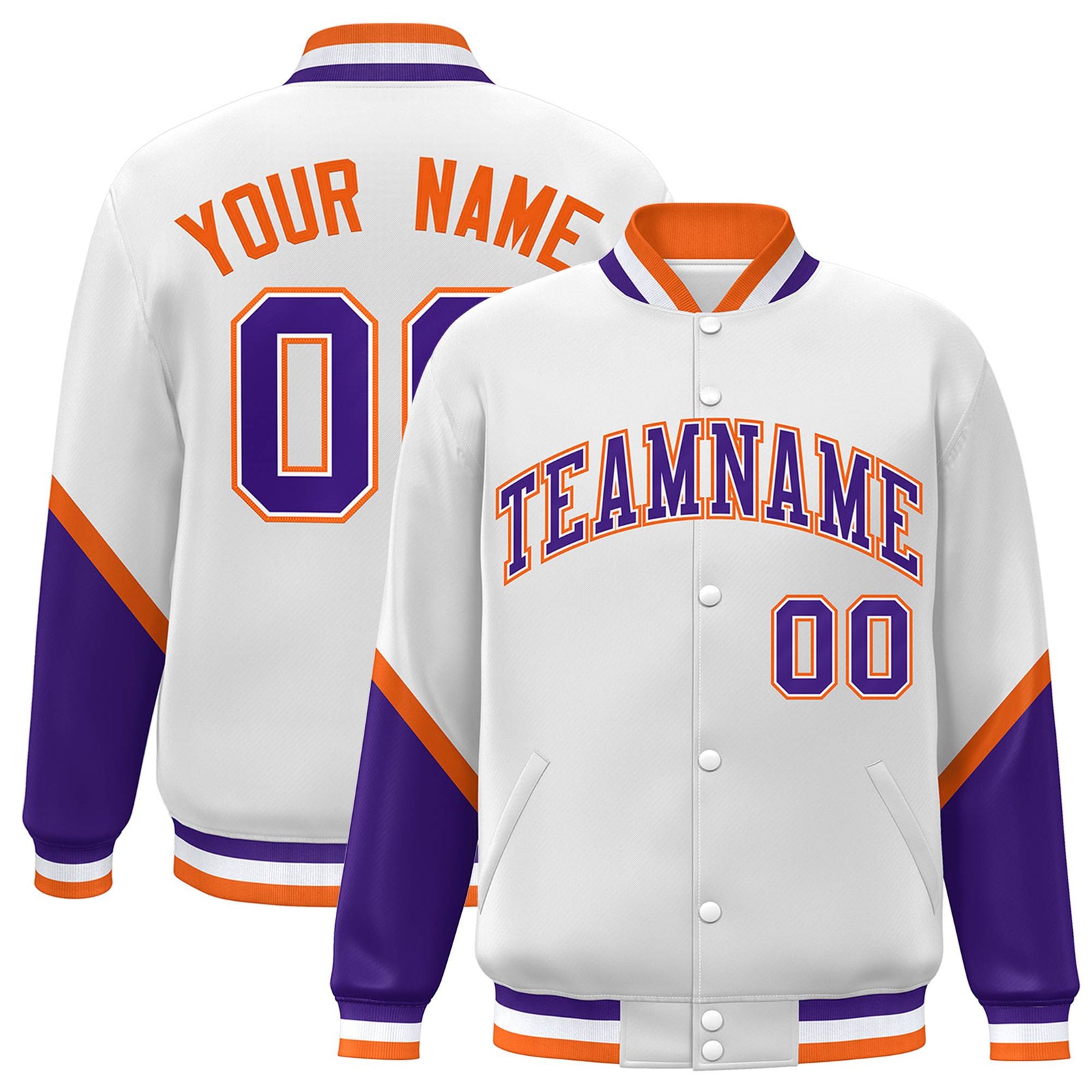 Custom White Purple-Orange Varsity Full-Snap Color Block Letterman Jacket