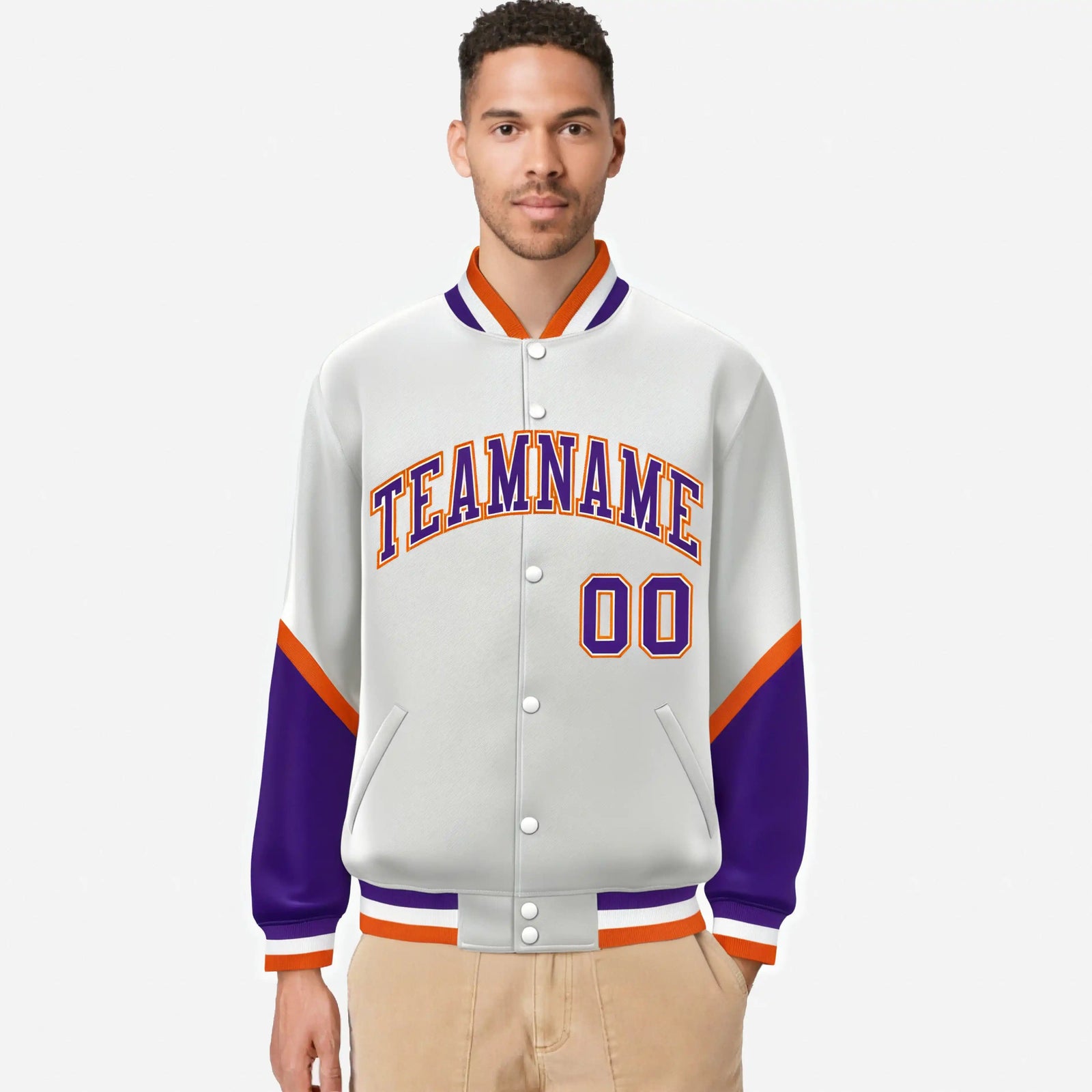 Custom White Purple-Orange Varsity Full-Snap Color Block Letterman Jacket