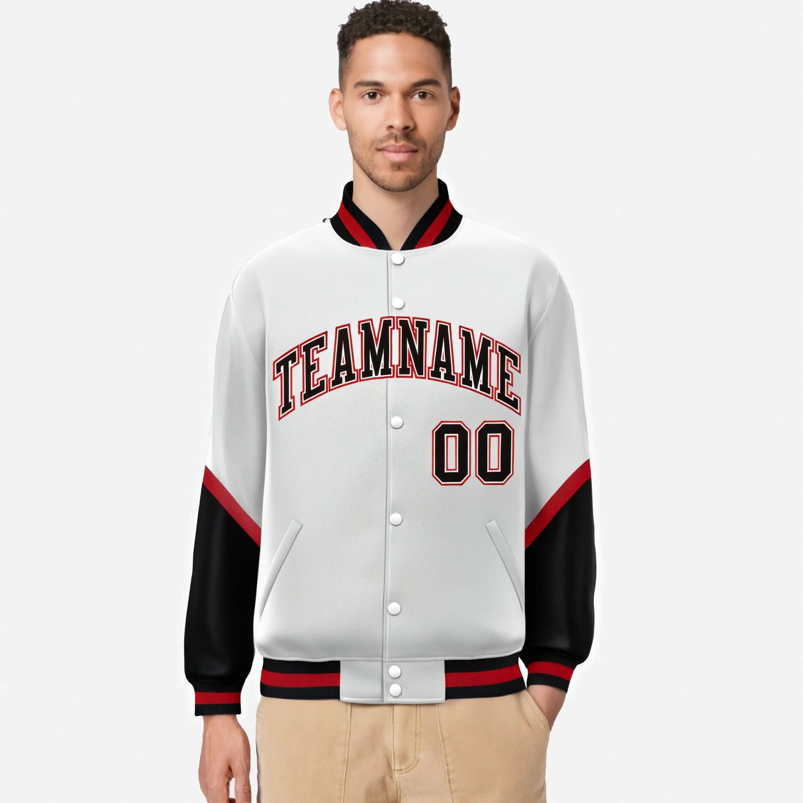 Custom White Black-Red Varsity Full-Snap Color Block Letterman Jacket