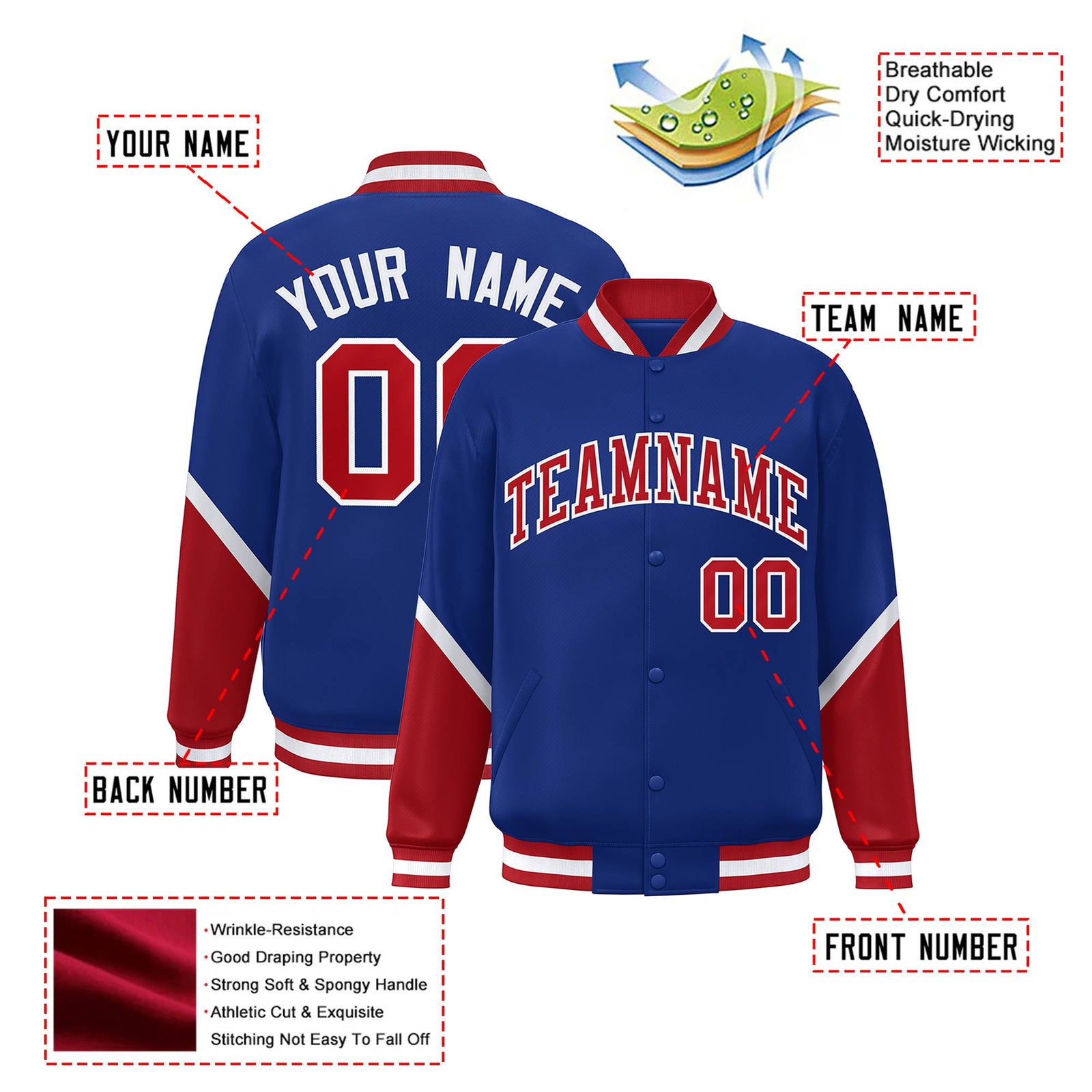 Custom Royal Blue Red-White Varsity Full-Snap Color Block Letterman Jacket