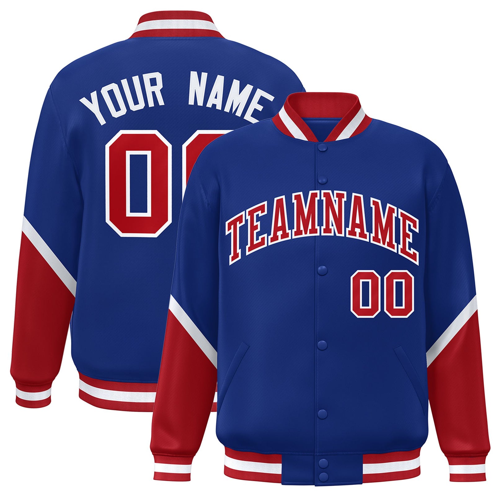 Custom Royal Blue Red-White Varsity Full-Snap Color Block Letterman Jacket