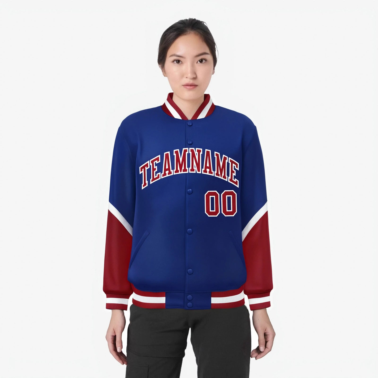 Custom Royal Blue Red-White Varsity Full-Snap Color Block Letterman Jacket