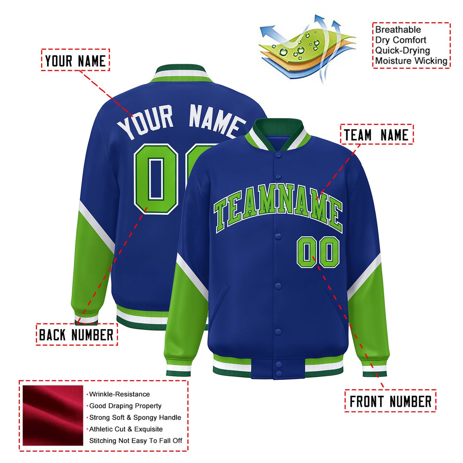 Custom Royal Blue Neon Green-White Varsity Full-Snap Color Block Letterman Jacket
