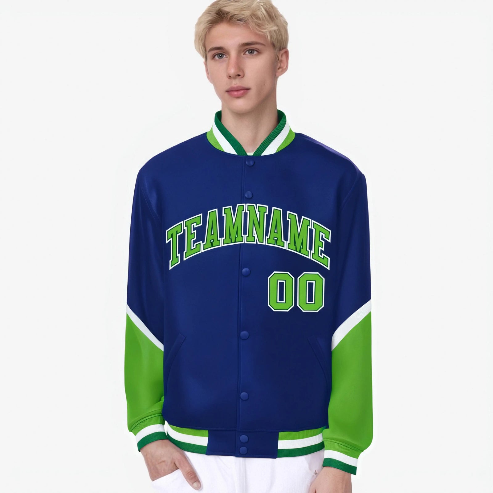Custom Royal Blue Neon Green-White Varsity Full-Snap Color Block Letterman Jacket