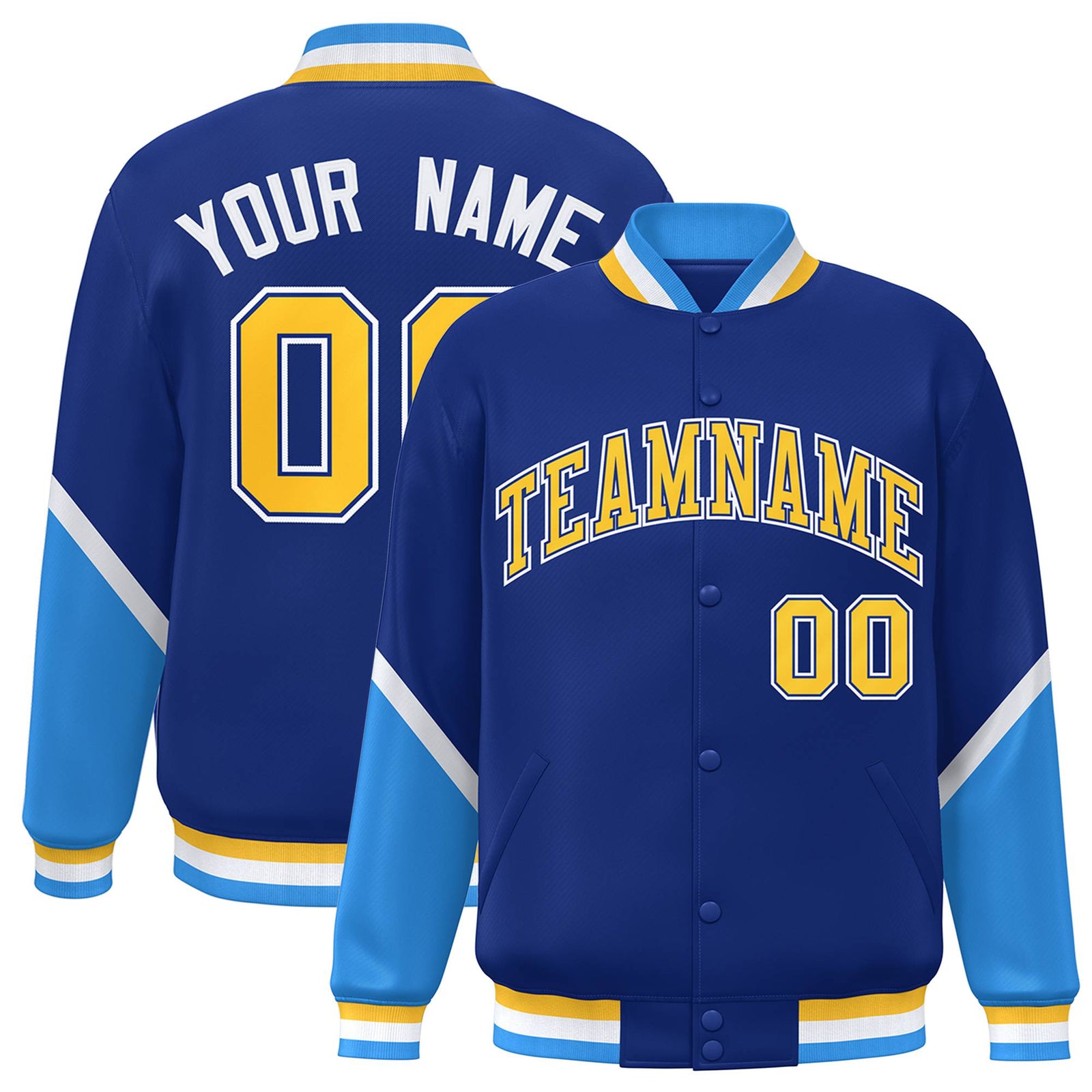 Custom Royal Blue Powder Blue-White Varsity Full-Snap Color Block Letterman Jacket
