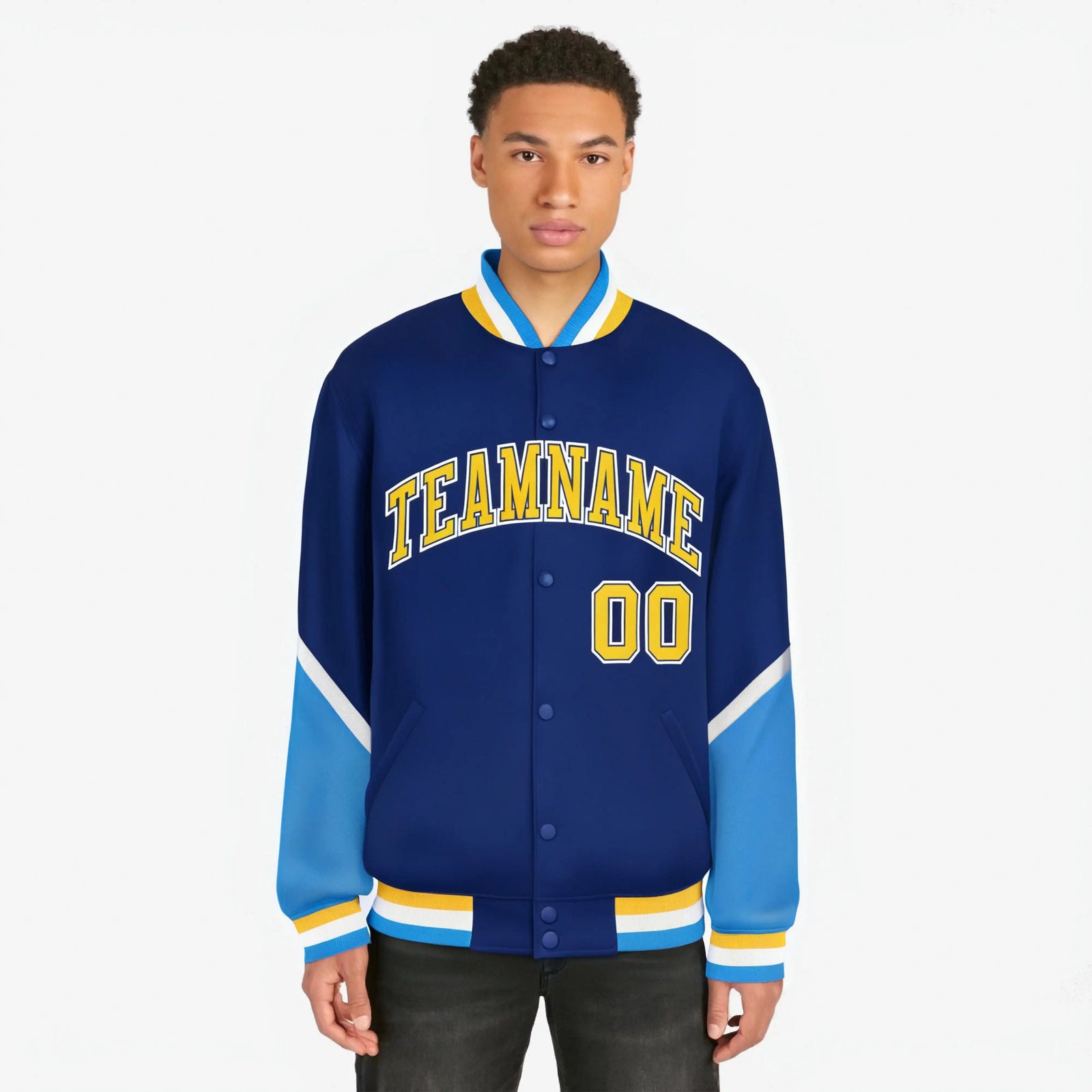 Custom Royal Blue Powder Blue-White Varsity Full-Snap Color Block Letterman Jacket