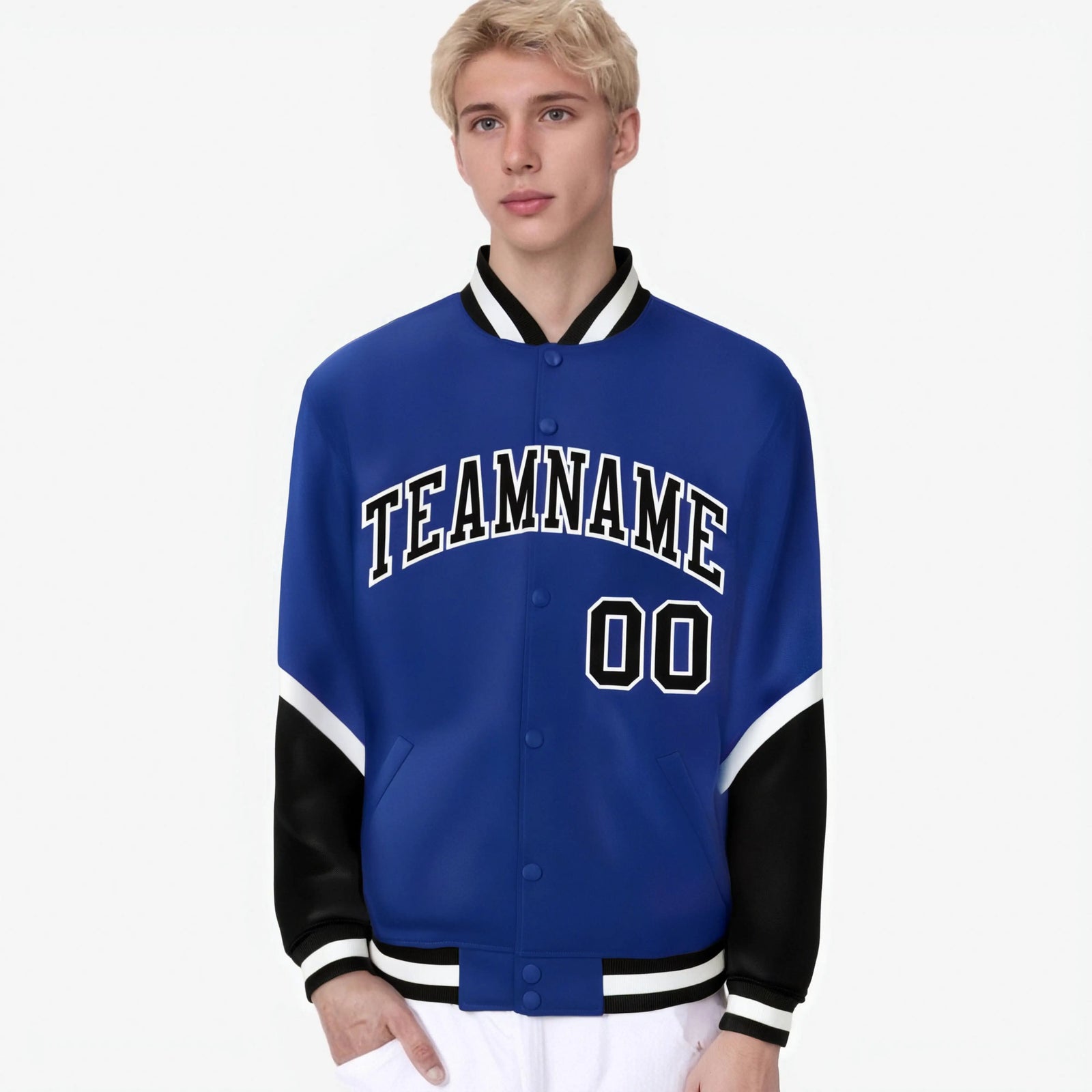 Custom Royal Blue Black-White Varsity Full-Snap Color Block Letterman Jacket