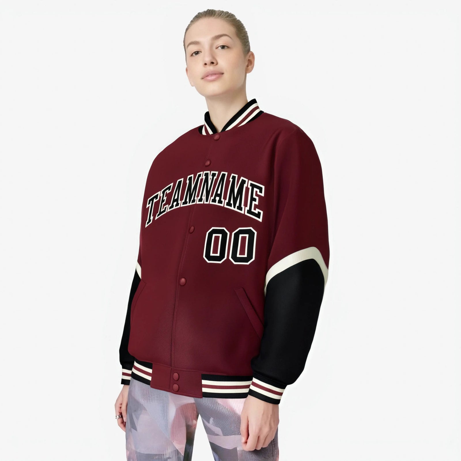 Custom Crimson Black-Cream Varsity Full-Snap Color Block Letterman Jacket