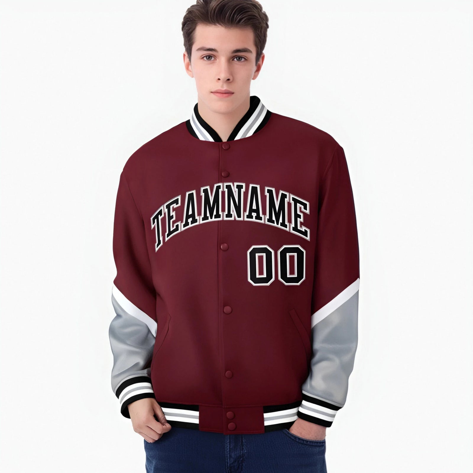 Custom Crimson Gray-Cream Varsity Full-Snap Color Block Letterman Jacket