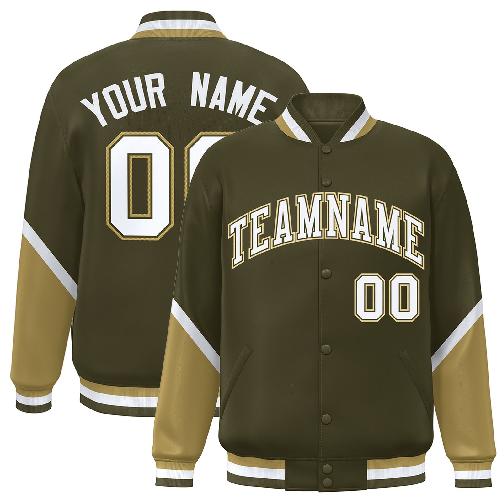 Custom Olive Old Gold-White Varsity Full-Snap Color Block Letterman Jacket