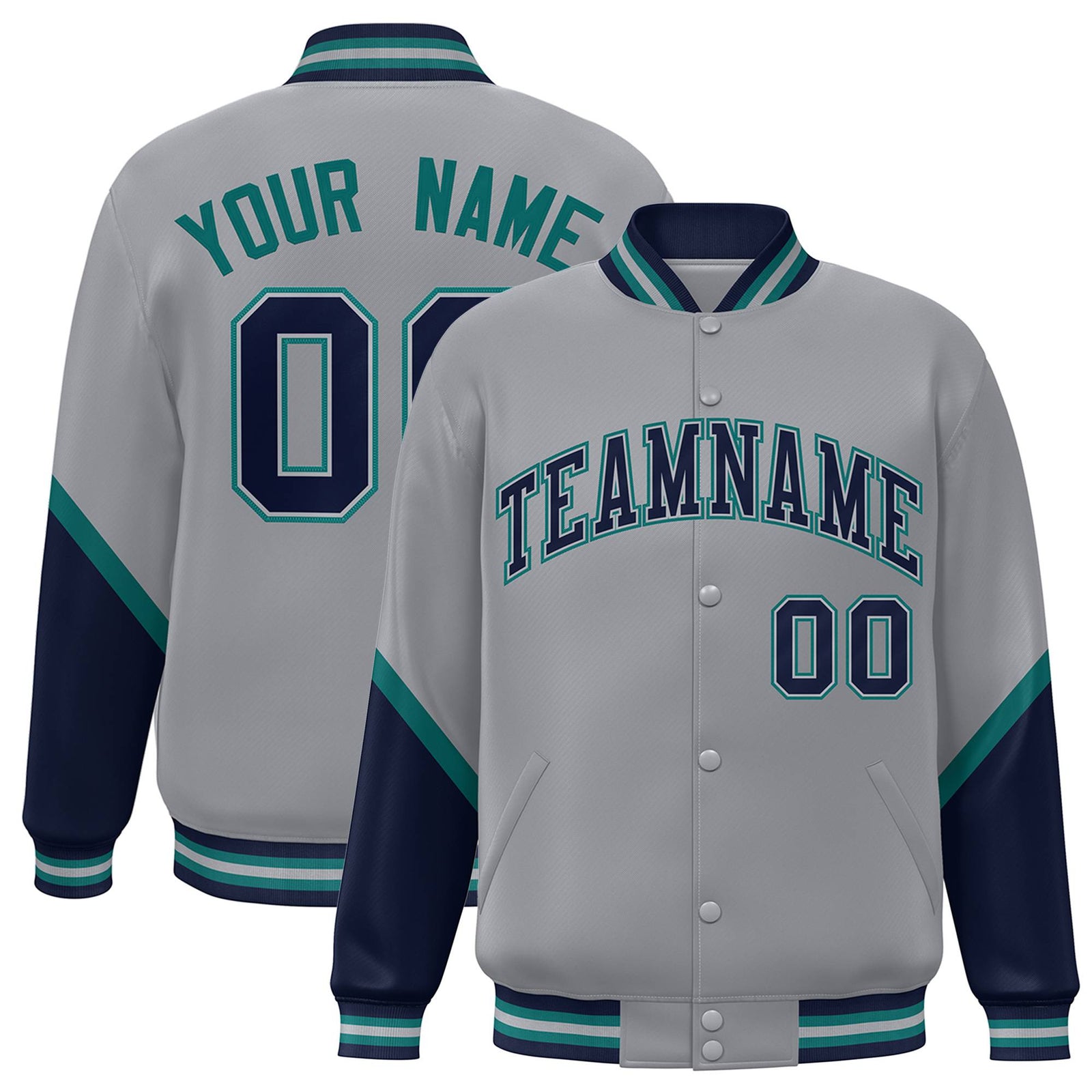 Custom Gray Navy-Aqua Varsity Full-Snap Color Block Letterman Jacket