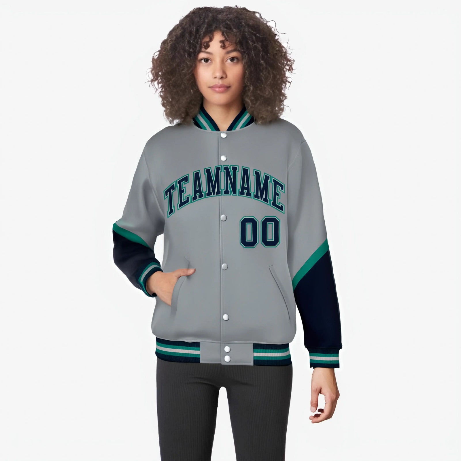 Custom Gray Navy-Aqua Varsity Full-Snap Color Block Letterman Jacket