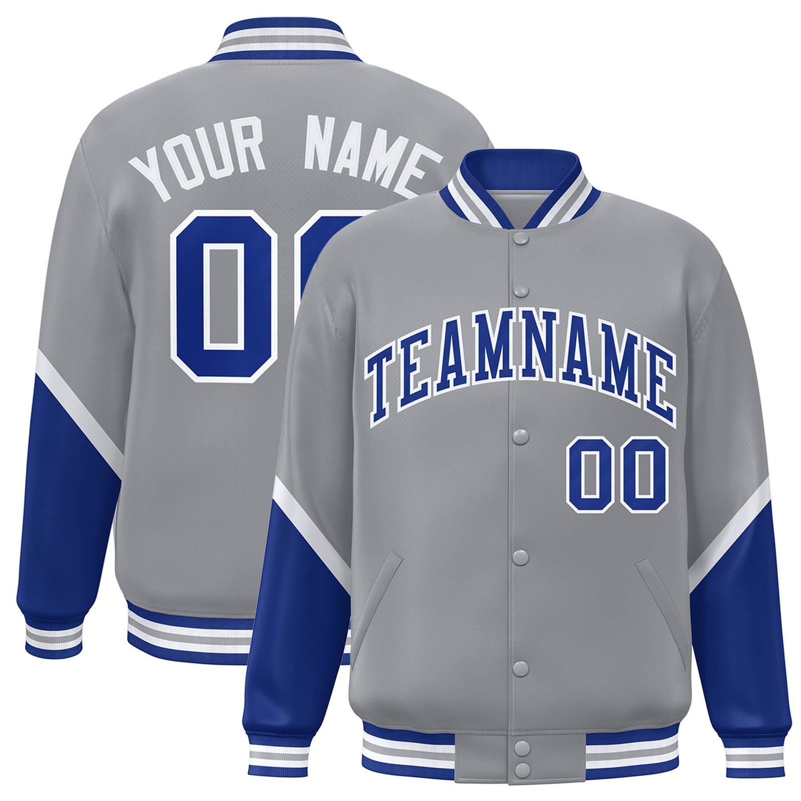 Custom Gray Royal Blue-White Varsity Full-Snap Color Block Letterman Jacket