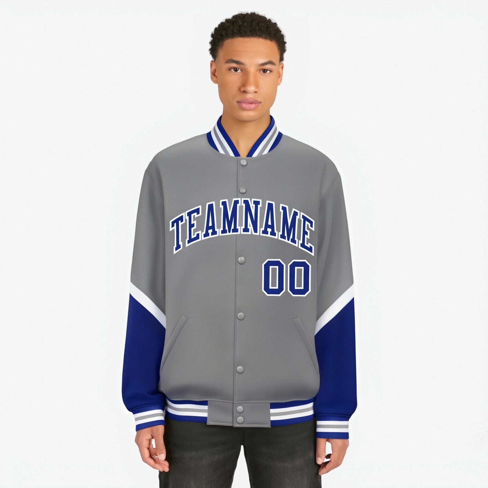 Custom Gray Royal Blue-White Varsity Full-Snap Color Block Letterman Jacket