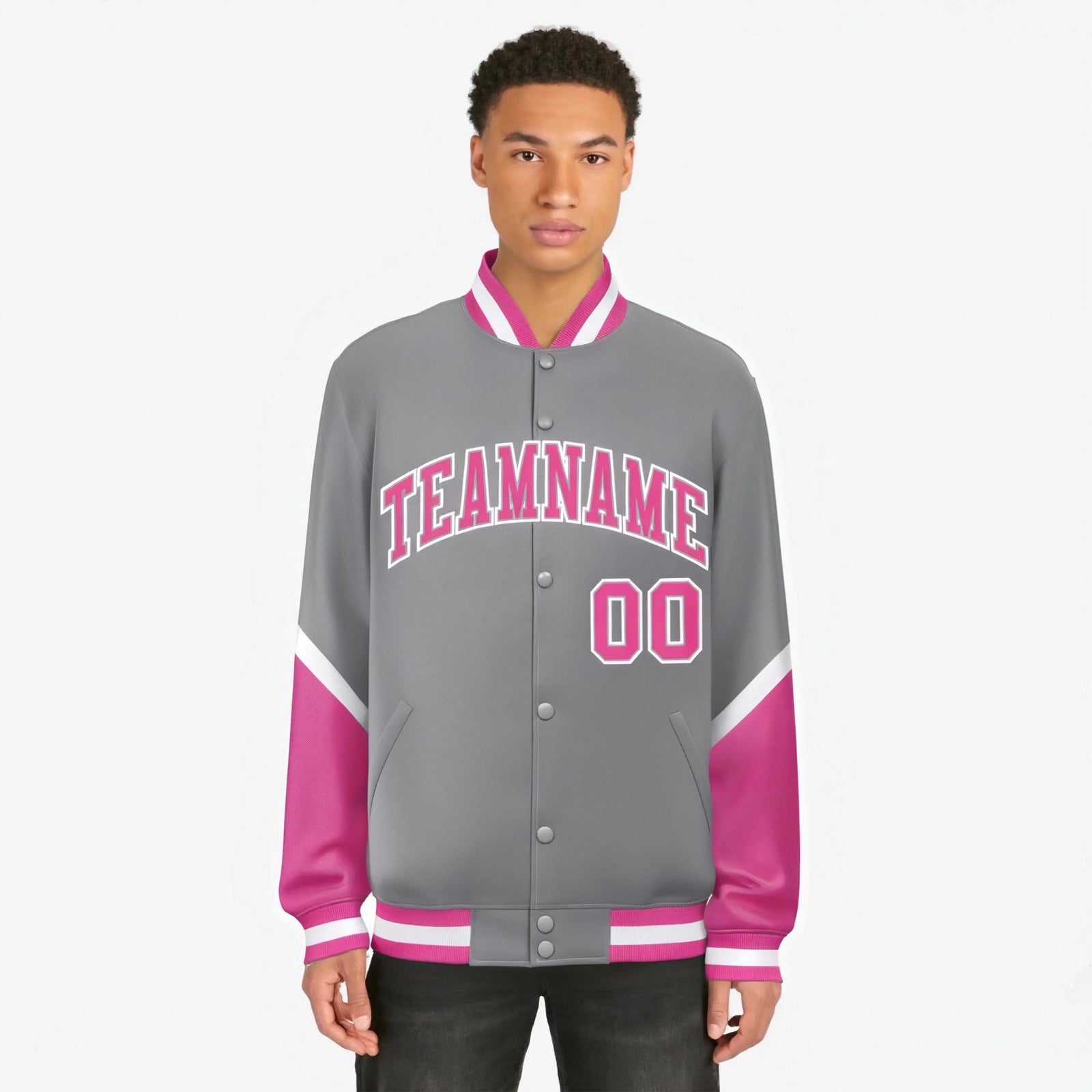 Custom Gray Pink-White Varsity Full-Snap Color Block Letterman Jacket
