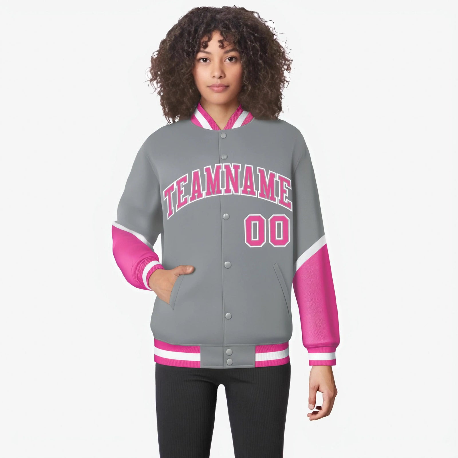 Custom Gray Pink-White Varsity Full-Snap Color Block Letterman Jacket