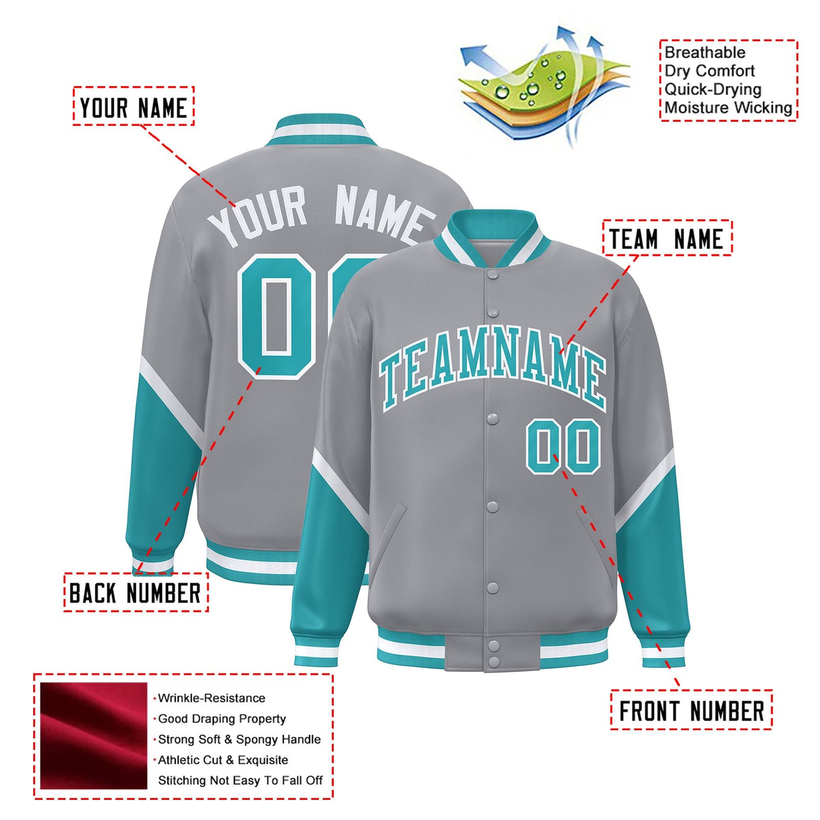 Custom Gray Aqua-White Varsity Full-Snap Color Block Letterman Jacket