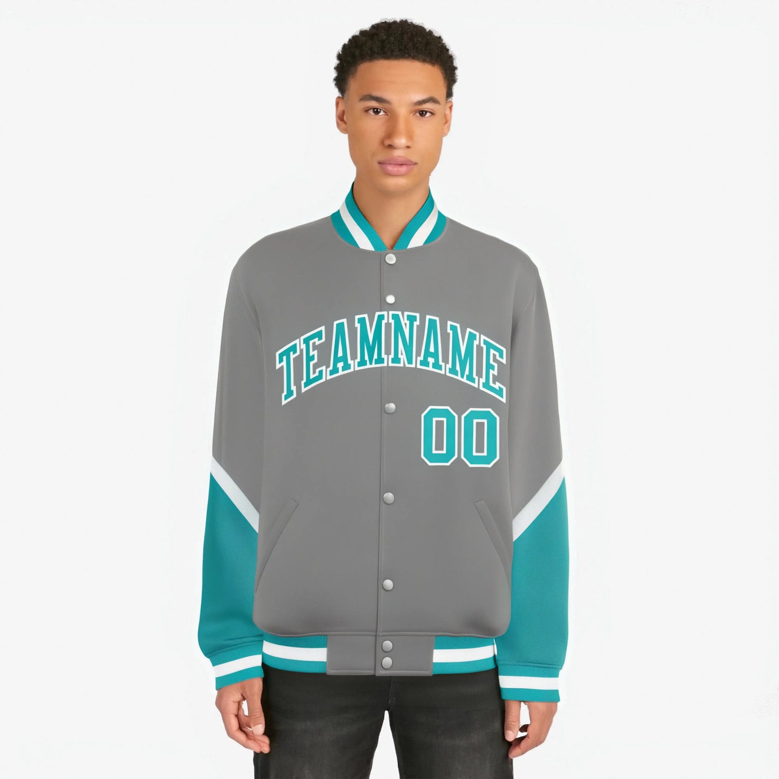 Custom Gray Aqua-White Varsity Full-Snap Color Block Letterman Jacket