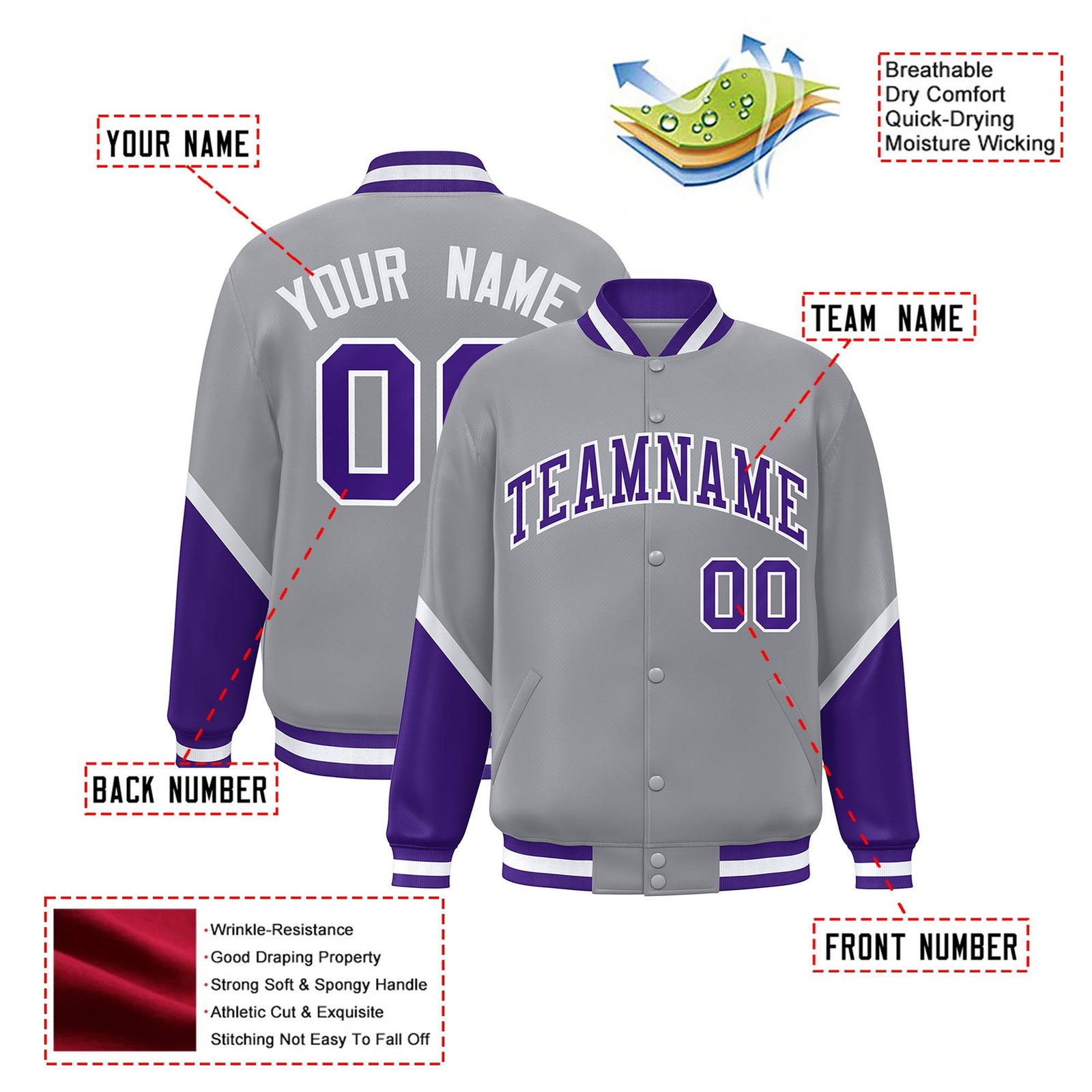 Custom Gray Purple-White Varsity Full-Snap Color Block Letterman Jacket