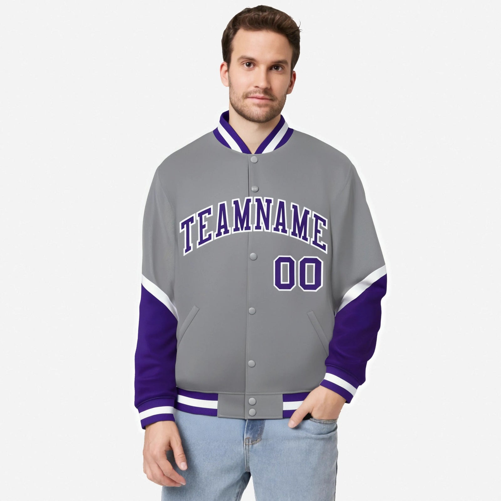 Custom Gray Purple-White Varsity Full-Snap Color Block Letterman Jacket