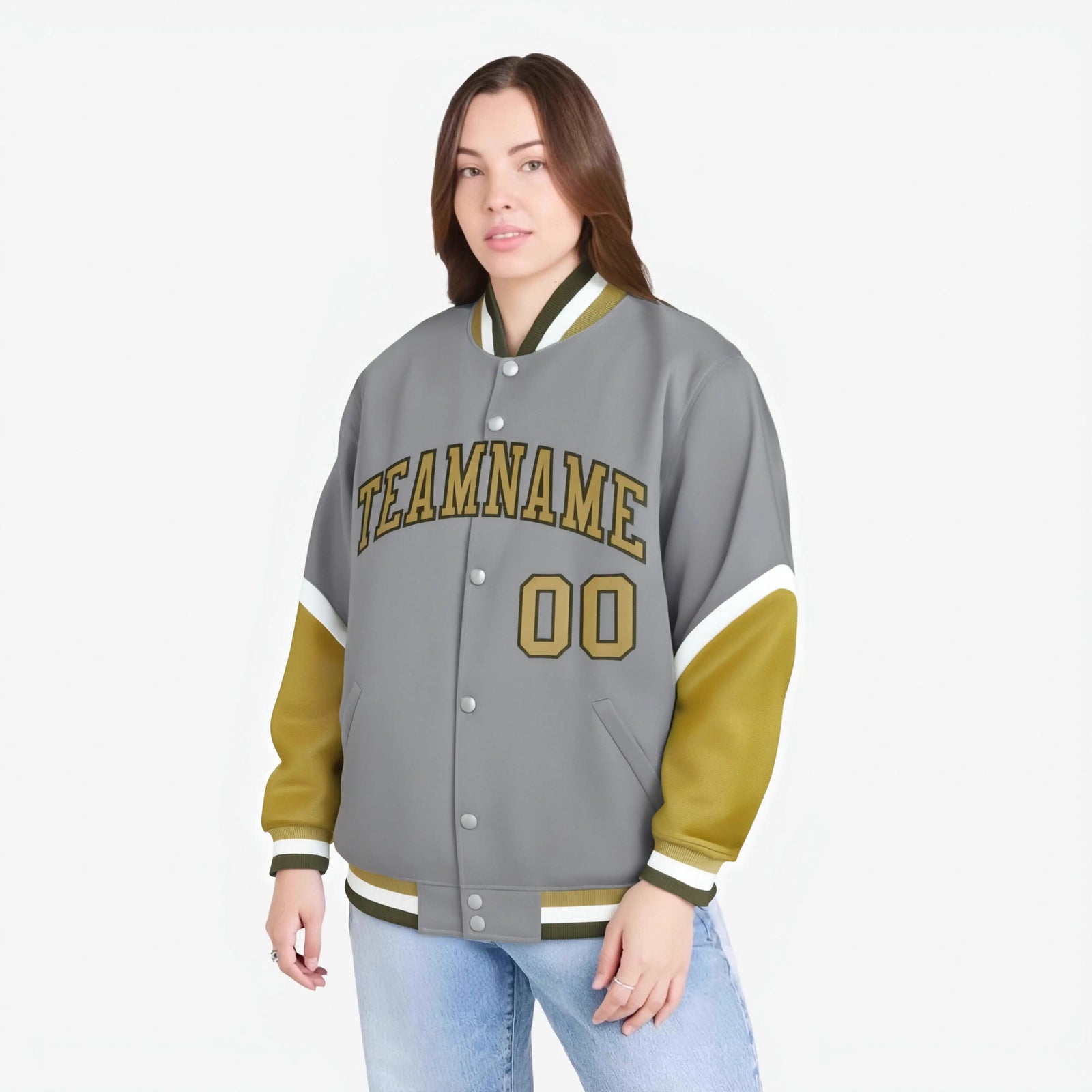Custom Gray Old Gold-White Varsity Full-Snap Color Block Letterman Jacket